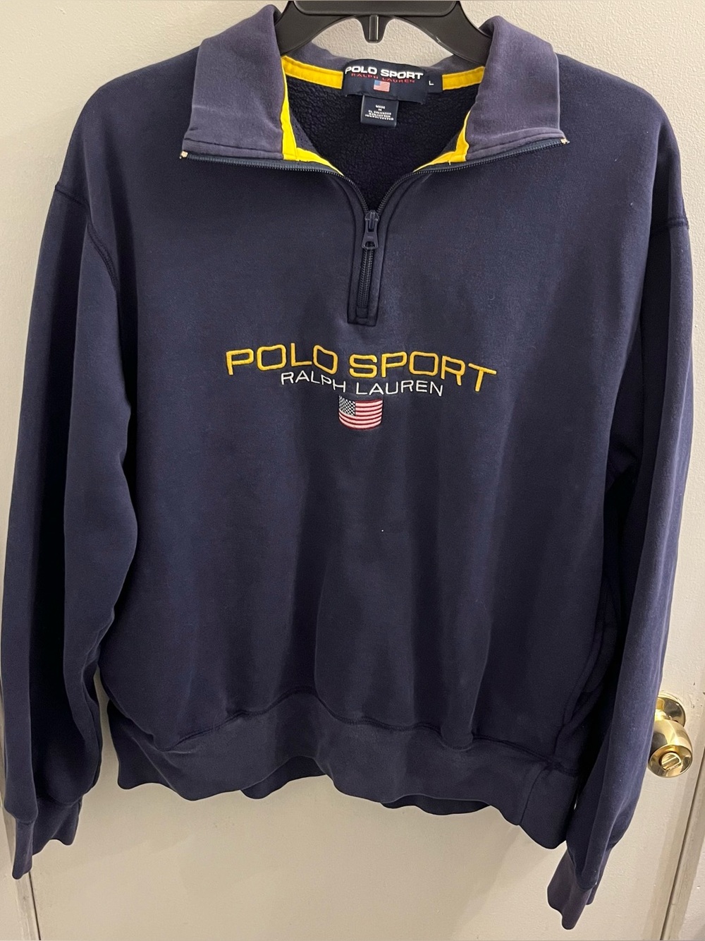 Vintage 90s Polo Sport Ralph Lauren Large USA Flag Spell Out Faded Sweatshirt